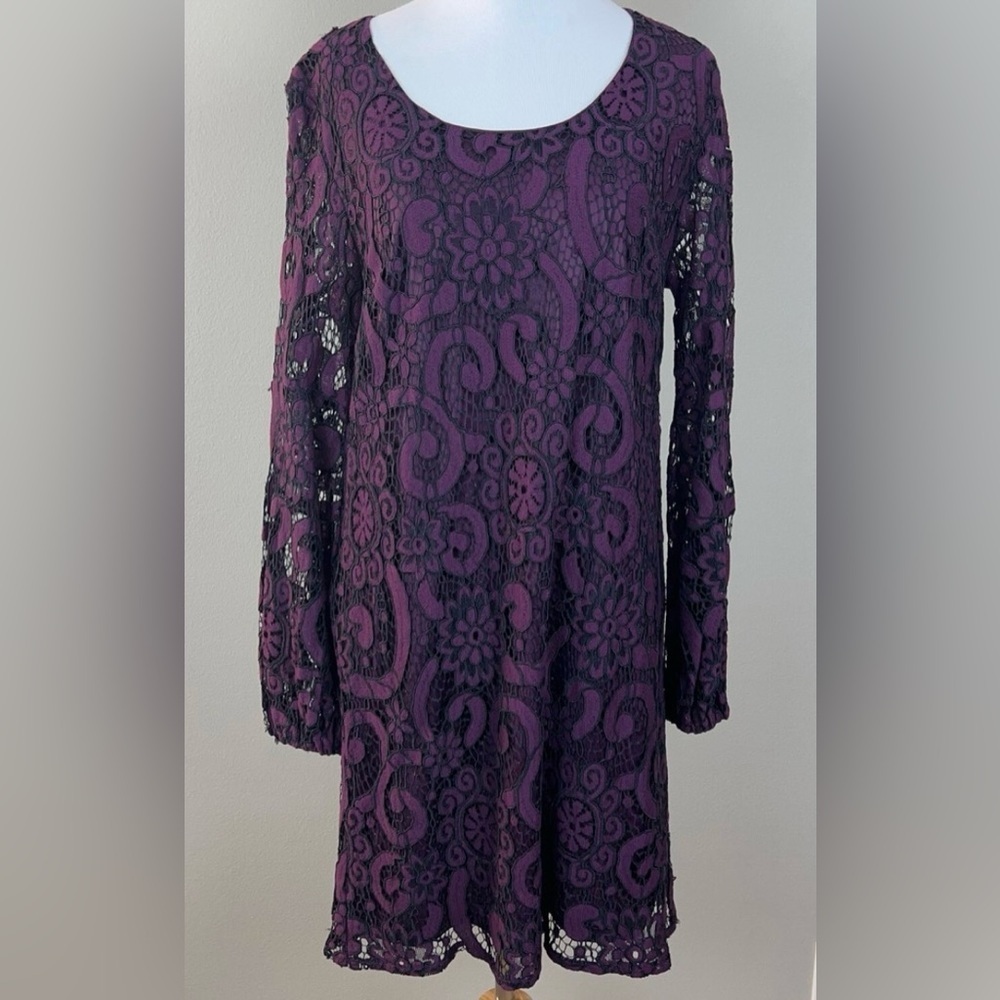 Anthropology Sunday in Brooklyn BOHO Dress Size M Long sleeves Lace Purple